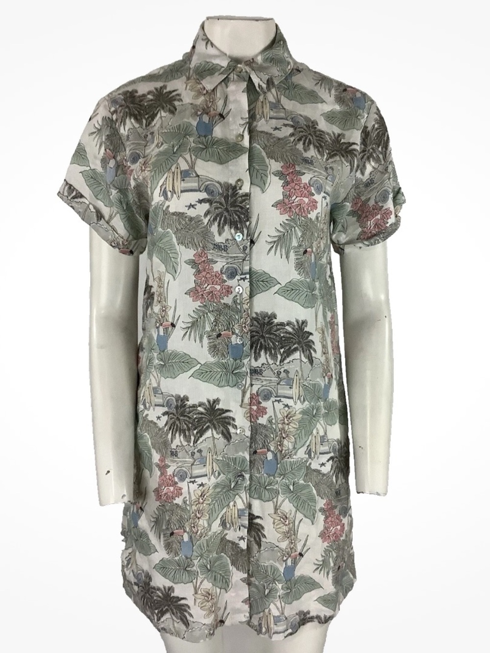 Rachel Zoe Sz S 100% Linen Tropical Print Travel Beach Vacation Shirt Dress